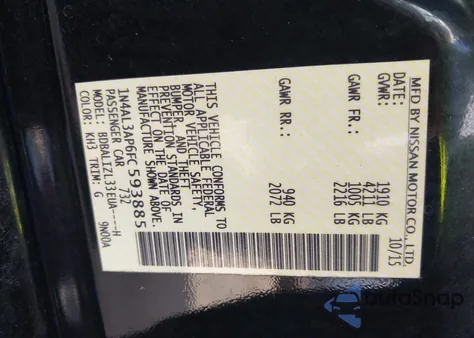 2015 Nissan Altima 2.5 Sv from USA, damaged, VIN 1N4AL3AP6FC593885